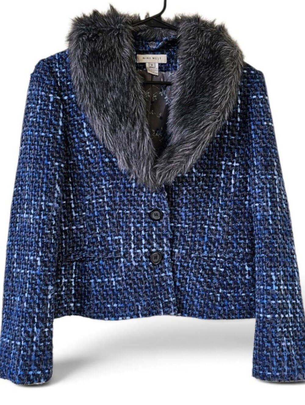 Nine West Tweed & Fur Wool Blend Crop Jacket Removable Collar Blue & Grey Size 8